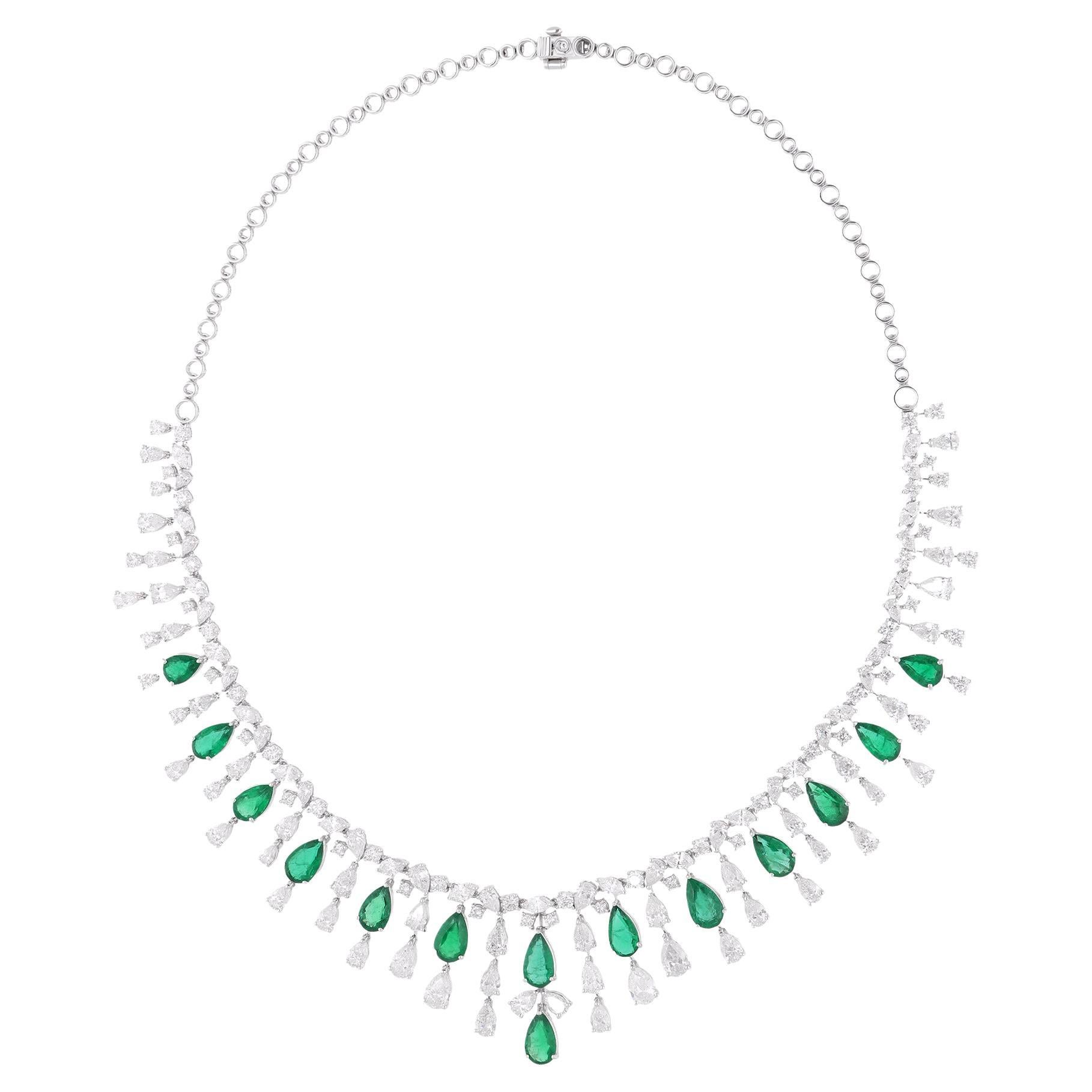 Collana a girocollo con diamante e smeraldo dello Zambia a pera in oro bianco 14 carati Gioielli di pregio