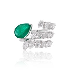 Pear Zambian Emerald Diamond Spiral Band Ring 14 Karat White Gold Fine Jewelry