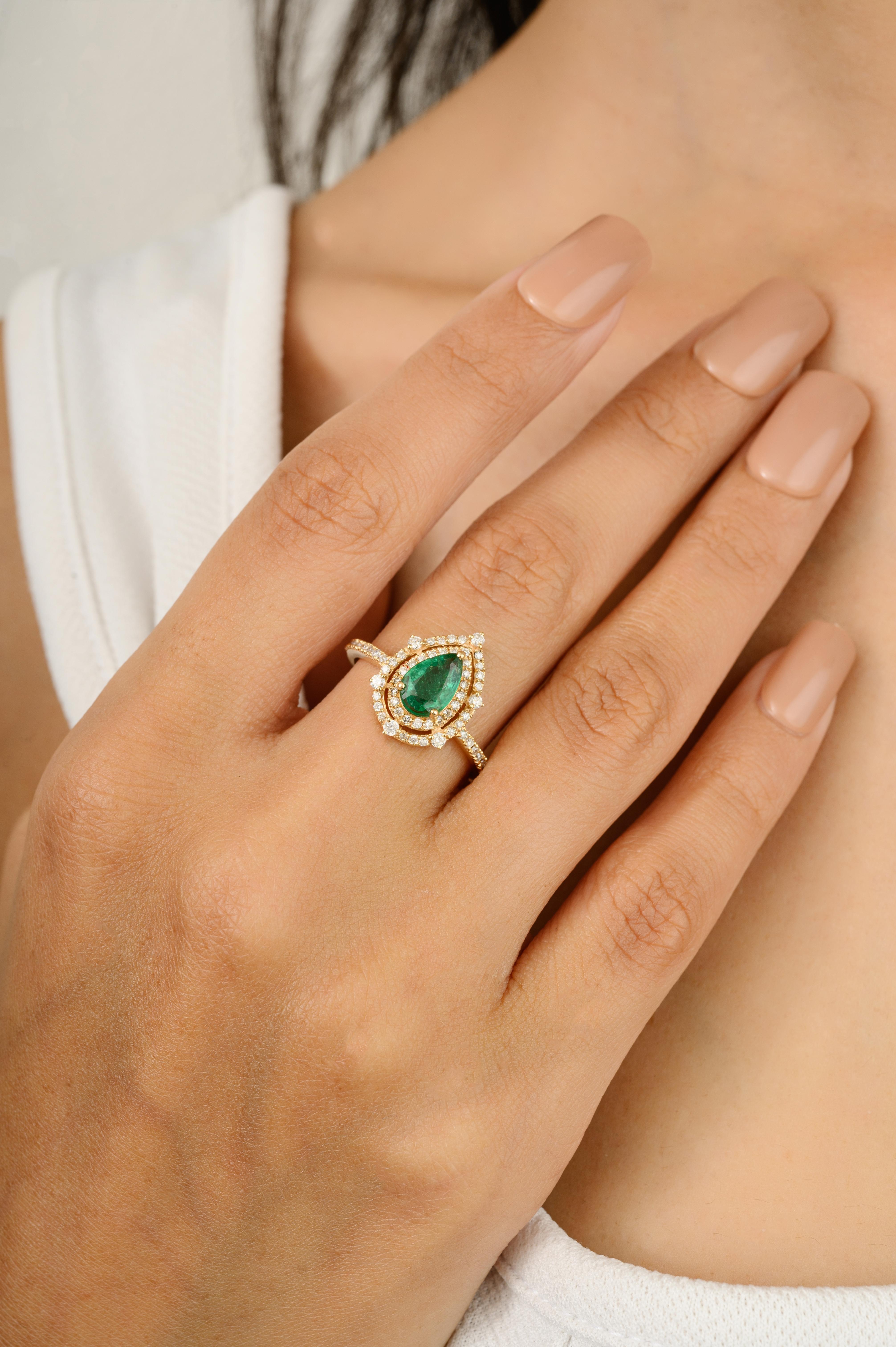 For Sale:  Pear Zambian Emerald Diamond Halo Ring for Wedding in 14k Yellow Gold 2