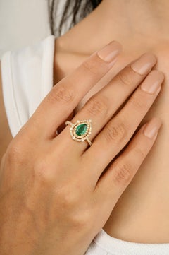 Pear Zambian Emerald Diamond Halo Ring for Wedding in 14k Yellow Gold