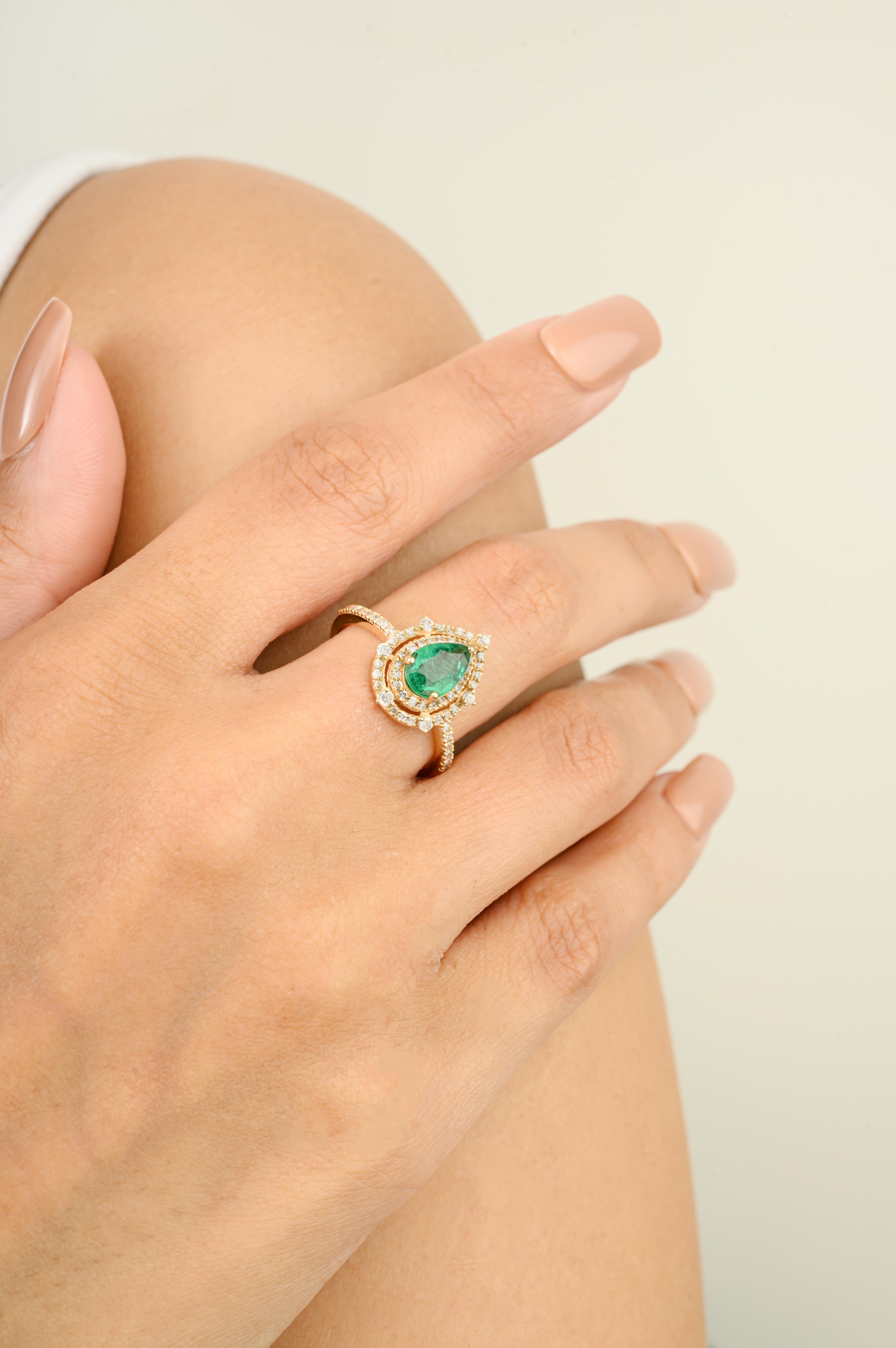 For Sale:  Pear Zambian Emerald Diamond Halo Ring for Wedding in 14k Yellow Gold 4