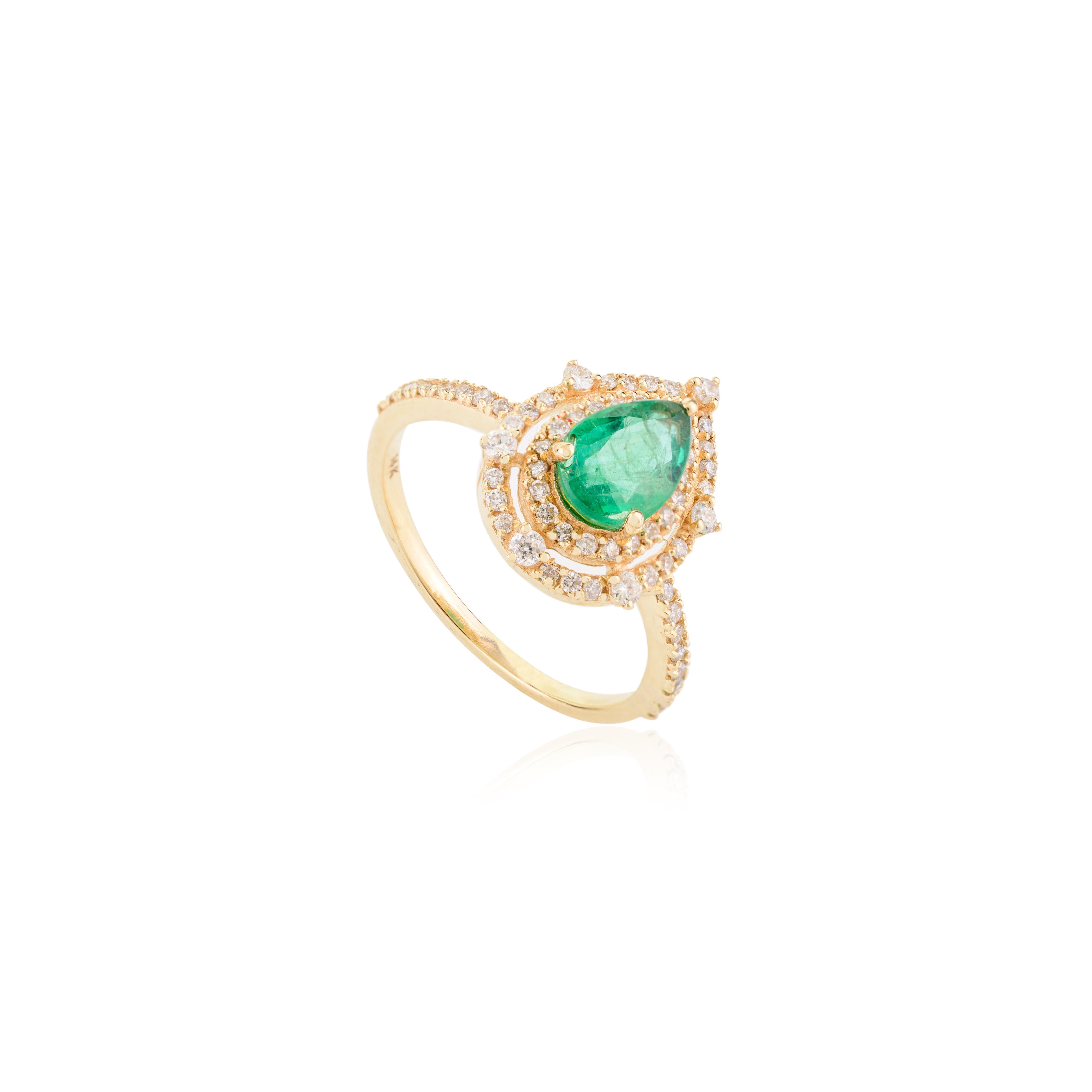 For Sale:  Pear Zambian Emerald Diamond Halo Ring for Wedding in 14k Yellow Gold 7