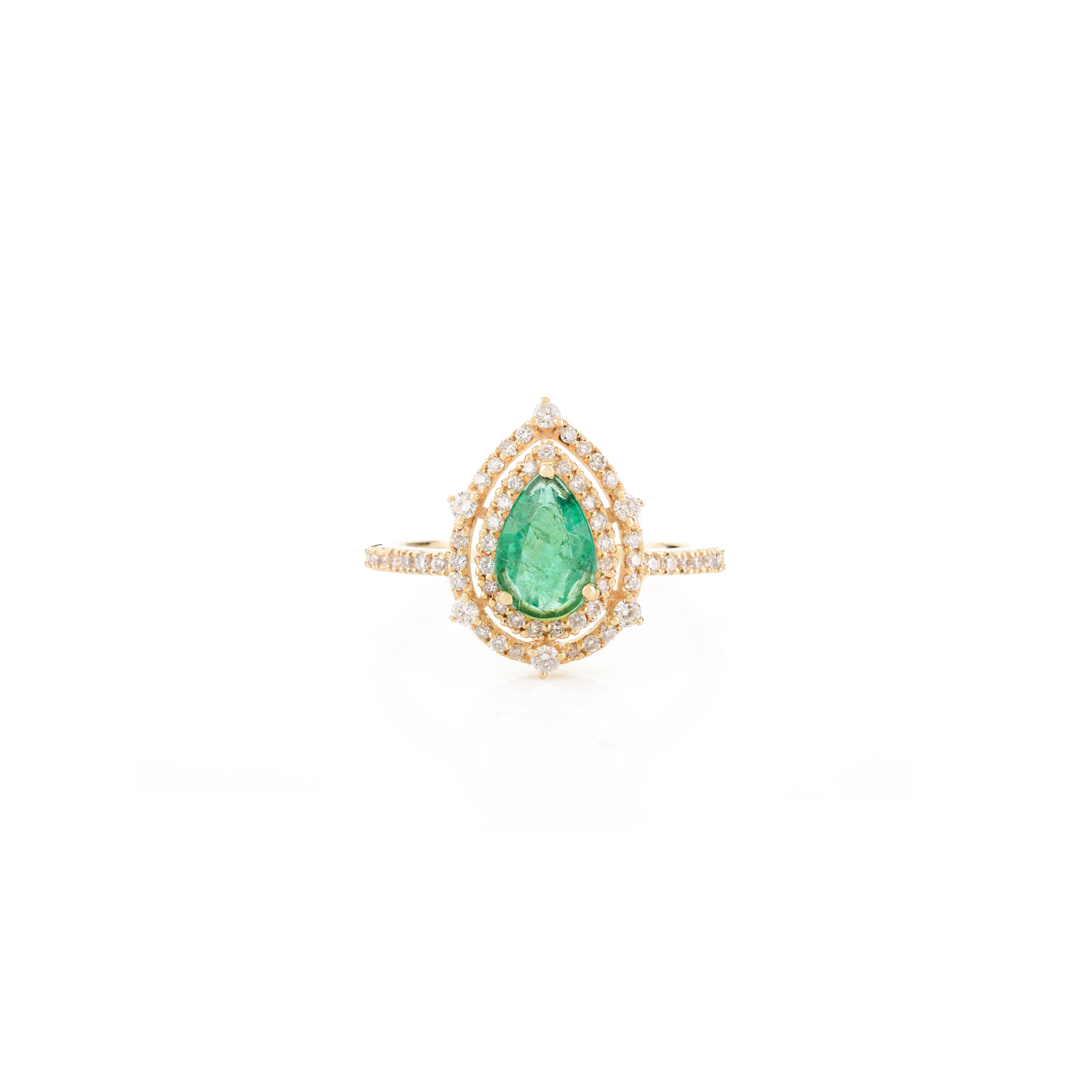 For Sale:  Pear Zambian Emerald Diamond Halo Ring for Wedding in 14k Yellow Gold 8