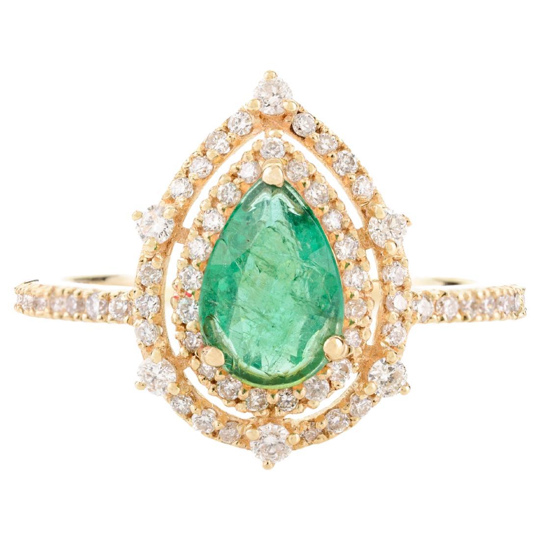 Esmeralda pera de Zambia Anillo Halo de Diamantes para Boda en Oro Amarillo de 14k
