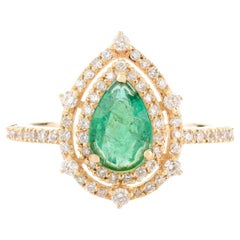 Birnenförmiger sambischer Smaragd-Diamant-Halo-Ring für Hochzeit aus 14k Gelbgold
