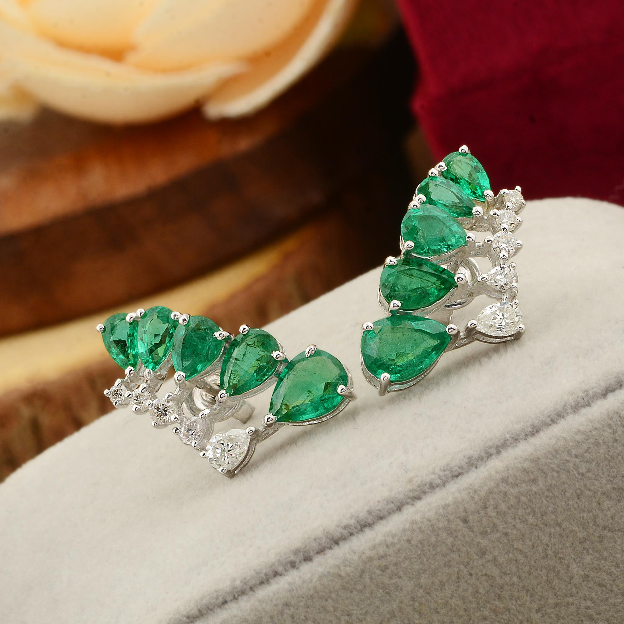 Modern Pear Natural Emerald Earrings Diamond Solid 10k White Gold Handmade Fine Jewelry For Sale
