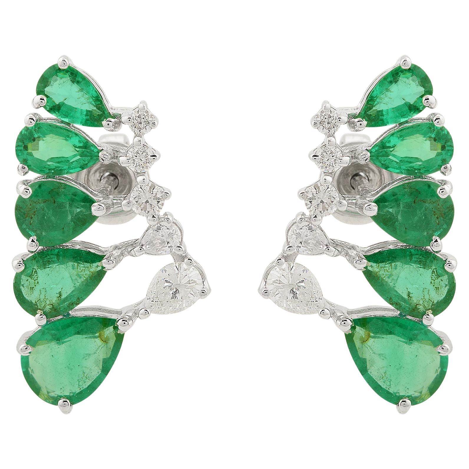 Pear Natural Emerald Earrings Diamond Solid 10k White Gold Handmade Fine Jewelry