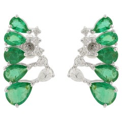 Pear Natural Emerald Earrings Diamond Solid 10k White Gold Handmade Fine Jewelry