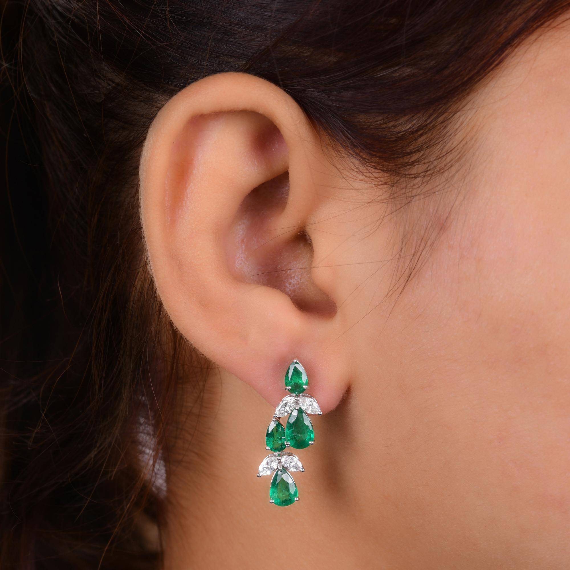 Modern Pear Zambian Emerald Earrings SI Clarity HI Color Diamond 14 Karat White Gold For Sale