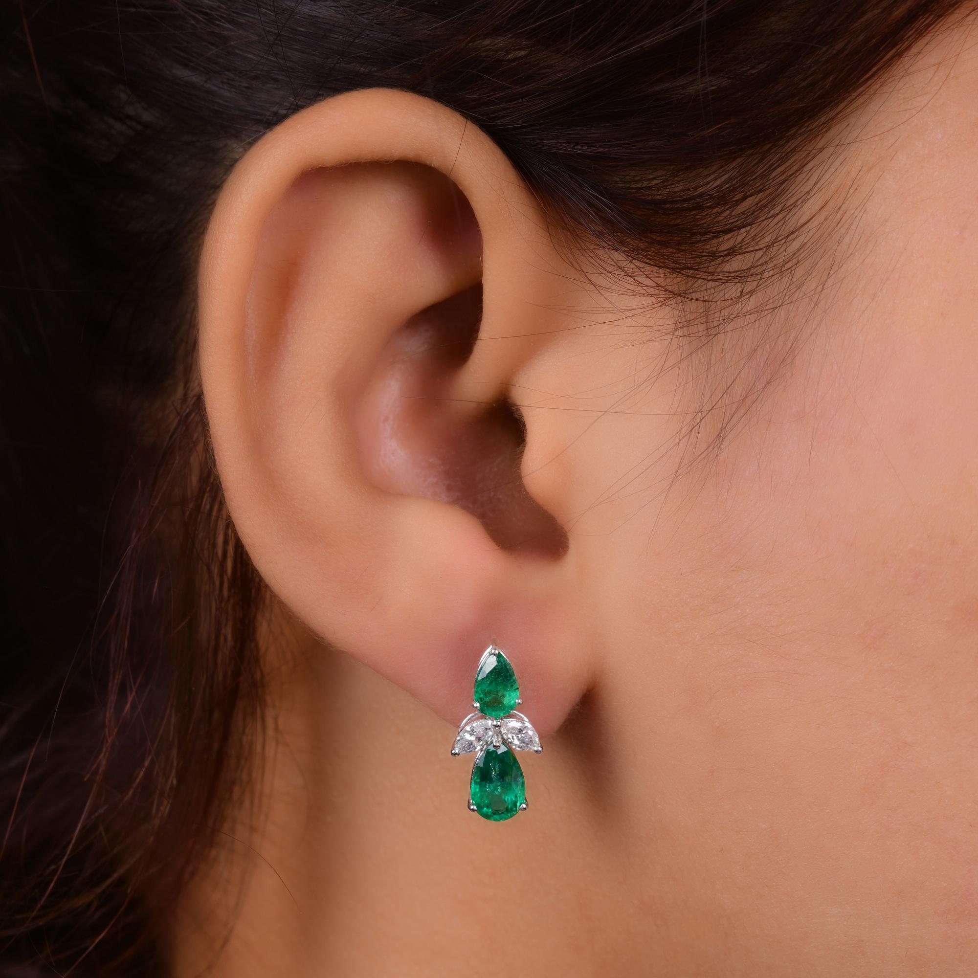 Pear Cut Pear Zambian Emerald Earrings SI Clarity HI Color Diamond 14 Karat White Gold For Sale