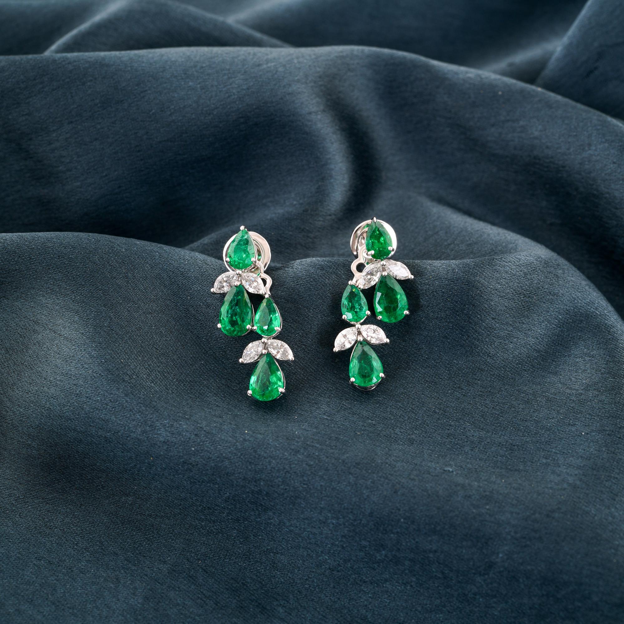 Women's Pear Zambian Emerald Earrings SI Clarity HI Color Diamond 14 Karat White Gold For Sale