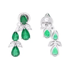 Pear Zambian Emerald Earrings SI Clarity HI Color Diamond 18 Karat White Gold