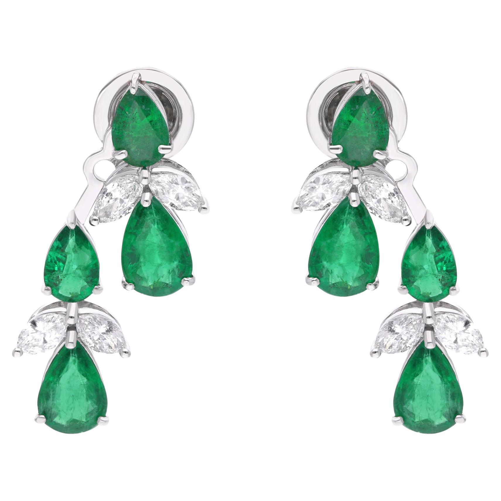 Pear Zambian Emerald Earrings SI Clarity HI Color Diamond 18 Karat White Gold