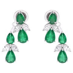 Orecchini con smeraldo dello Zambia a pera SI Chiarezza HI Colore Diamante Oro bianco 18 carati