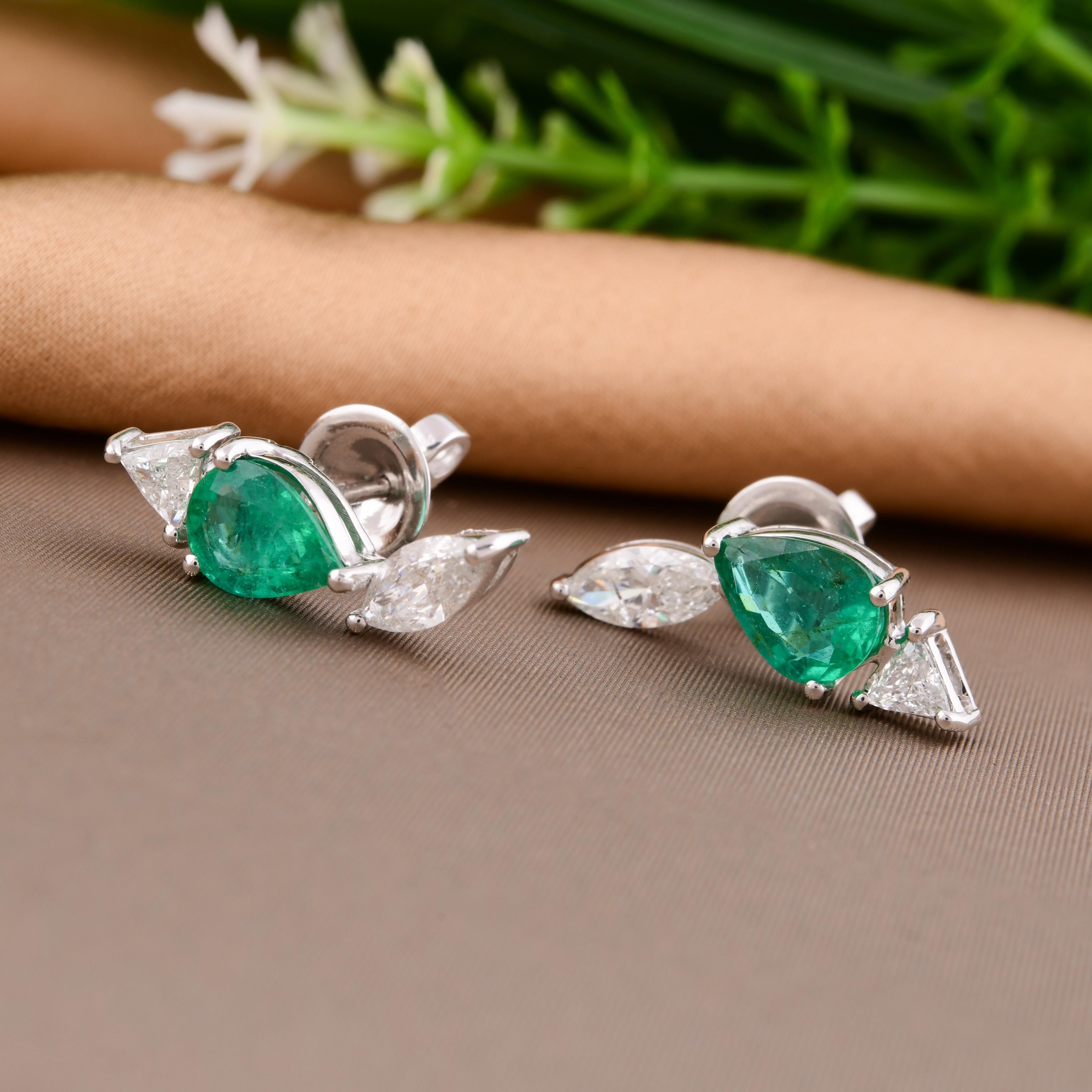 Modern Pear Zambian Emerald Fine Earrings Trillion Marquise Diamond 14 Karat White Gold For Sale