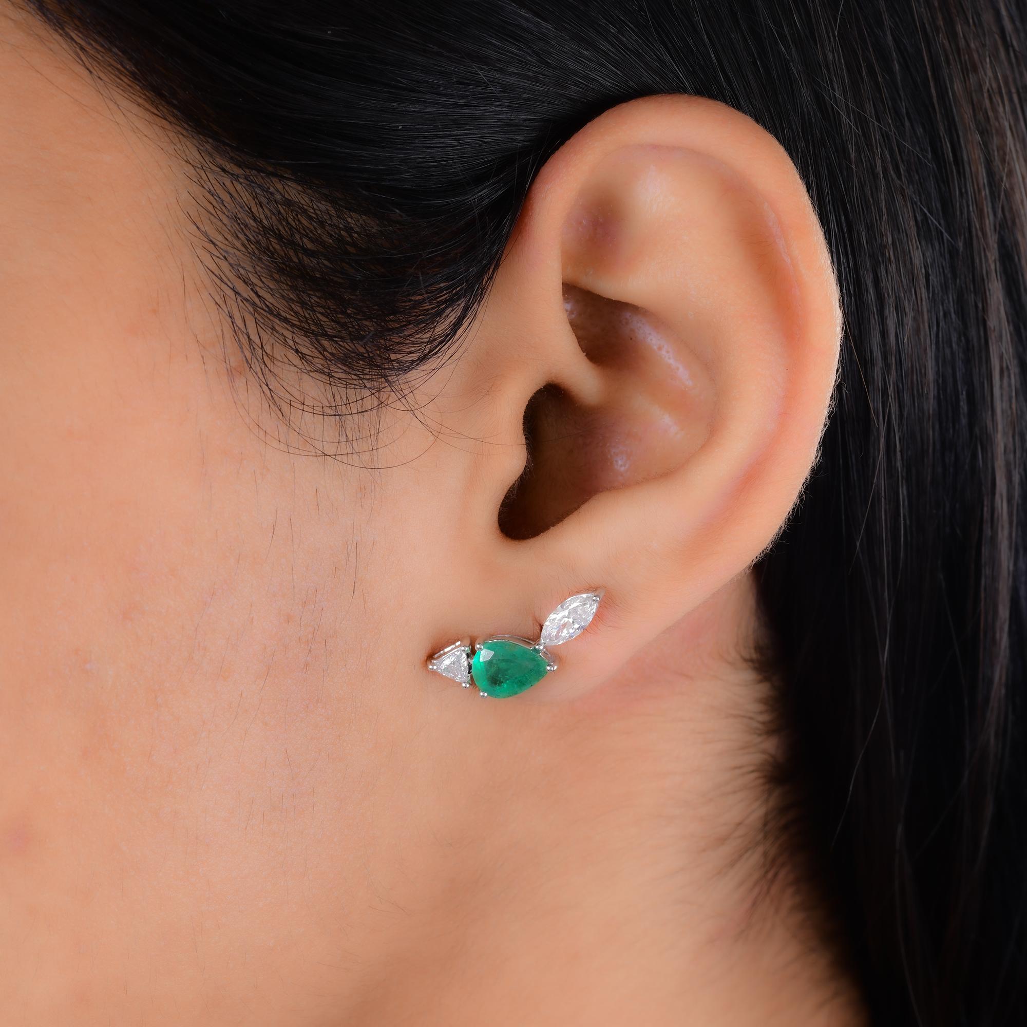 Pear Cut Pear Zambian Emerald Fine Earrings Trillion Marquise Diamond 14 Karat White Gold For Sale