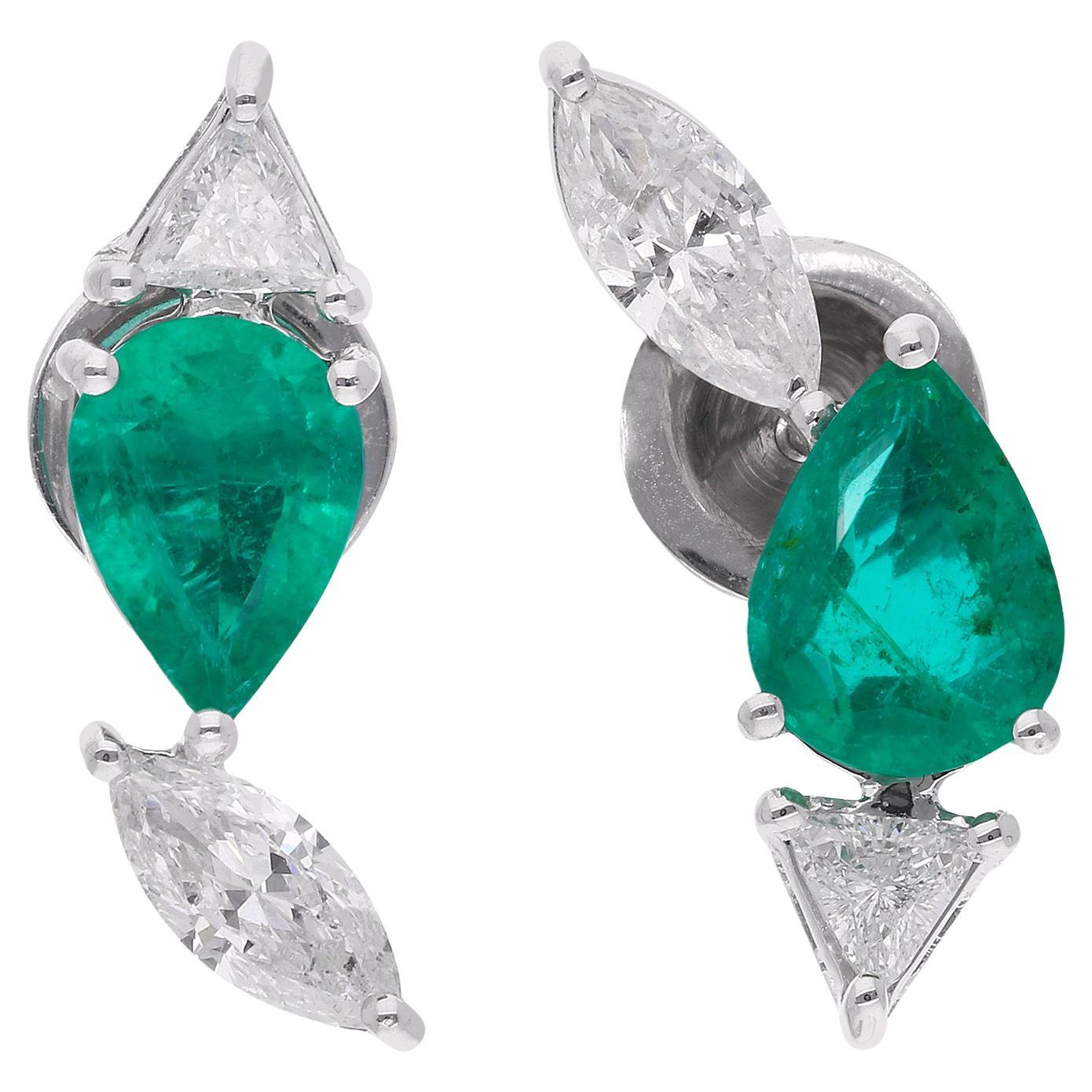 Zambian Smaragd-Ohrringe Trillion Marquise-Diamant 14 Karat Weißgold im Angebot