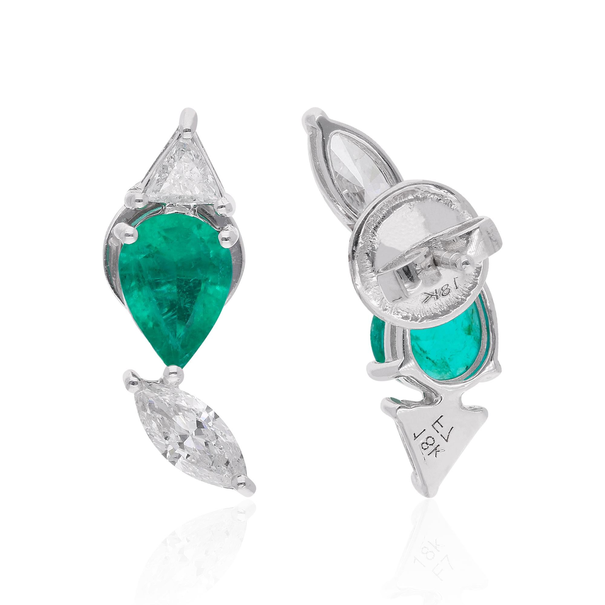 The pear-shaped Zambian emeralds are known for their rich green color and elegance. They are prized for their vibrant hue and natural beauty. The trillion-shaped diamonds add a geometric and modern touch, while the marquise-shaped diamonds bring a