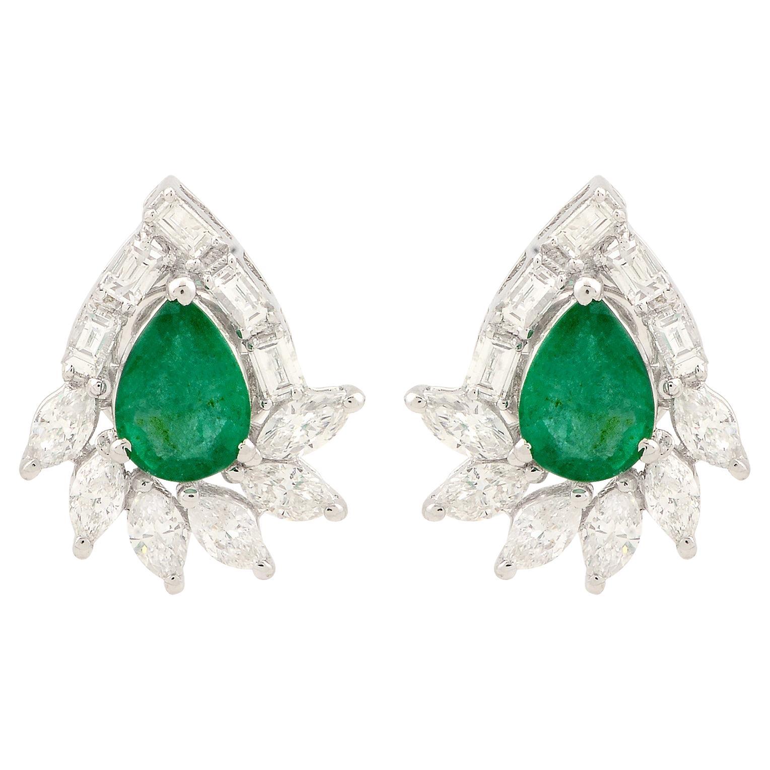 Pear Natural Emerald Fine Stud Earrings Diamond 14k White Gold Handmade Jewelry