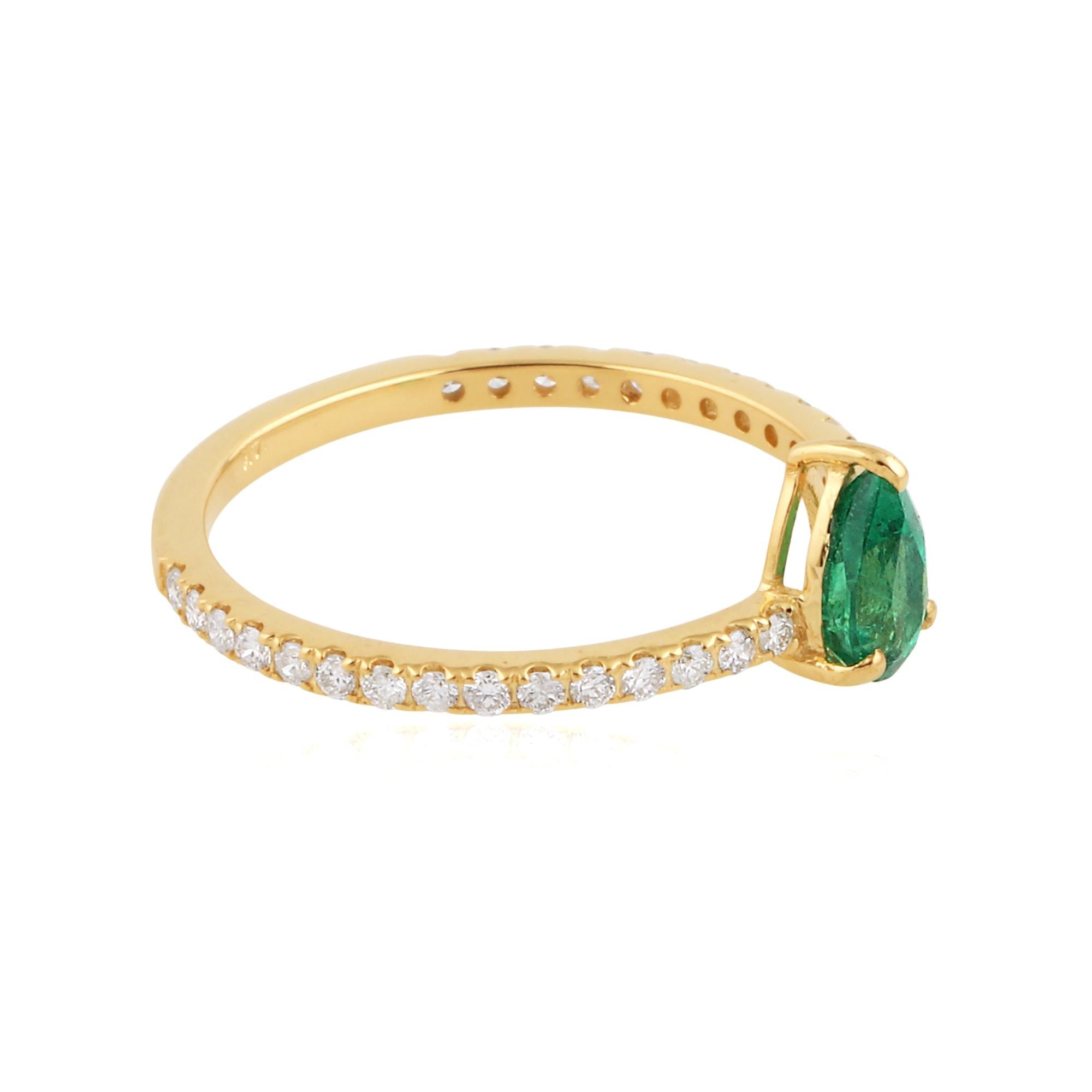 For Sale:  Pear Zambian Emerald Gemstone Band Ring Diamond 14 Karat Yellow Gold Jewelry 2