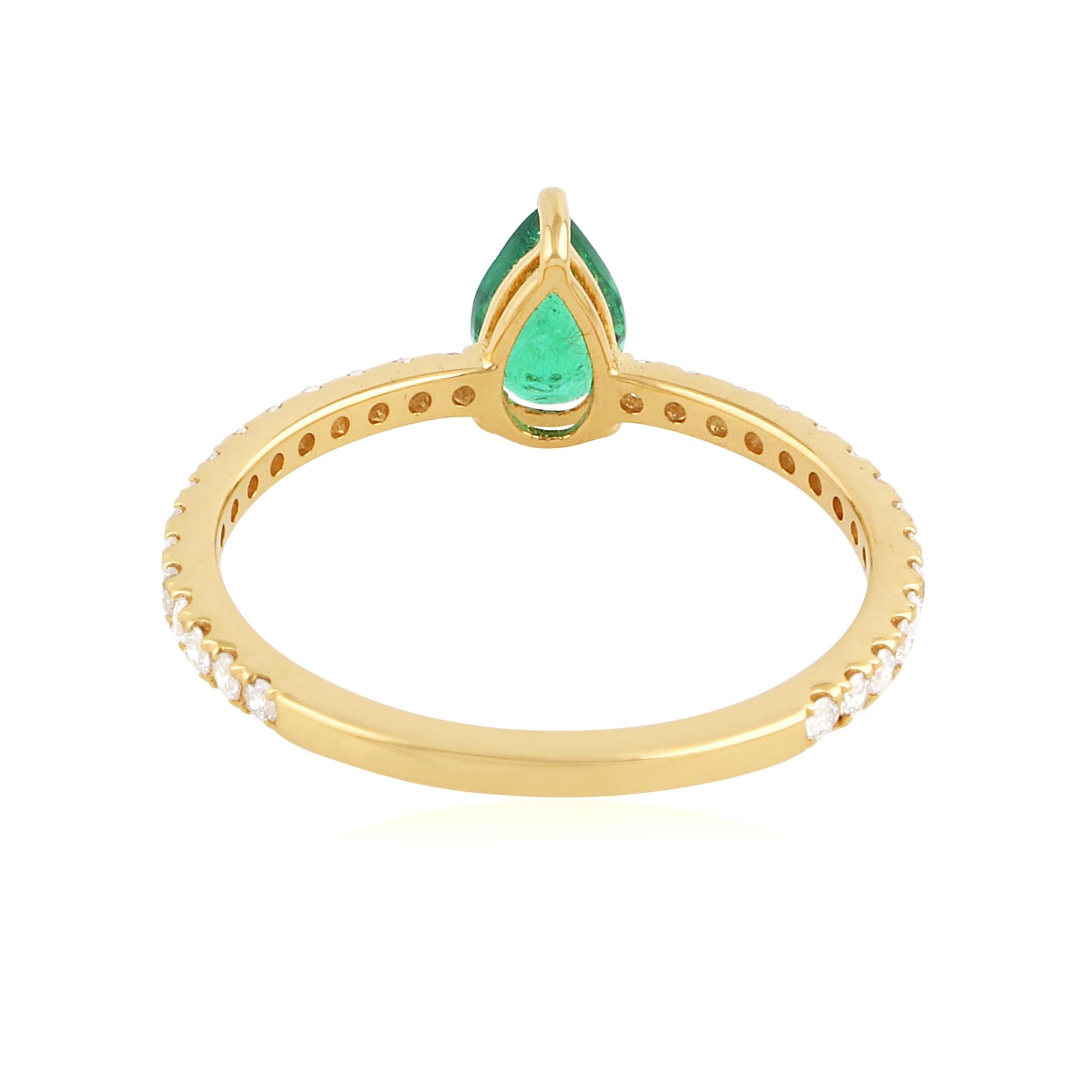 For Sale:  Pear Zambian Emerald Gemstone Band Ring Diamond 14 Karat Yellow Gold Jewelry 4