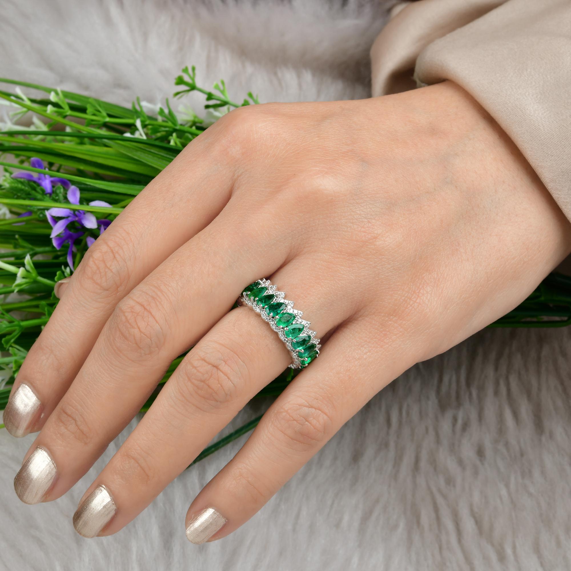 For Sale:  Pear Zambian Emerald Gemstone Band Ring Diamond 18 Karat White Gold Fine Jewelry 4