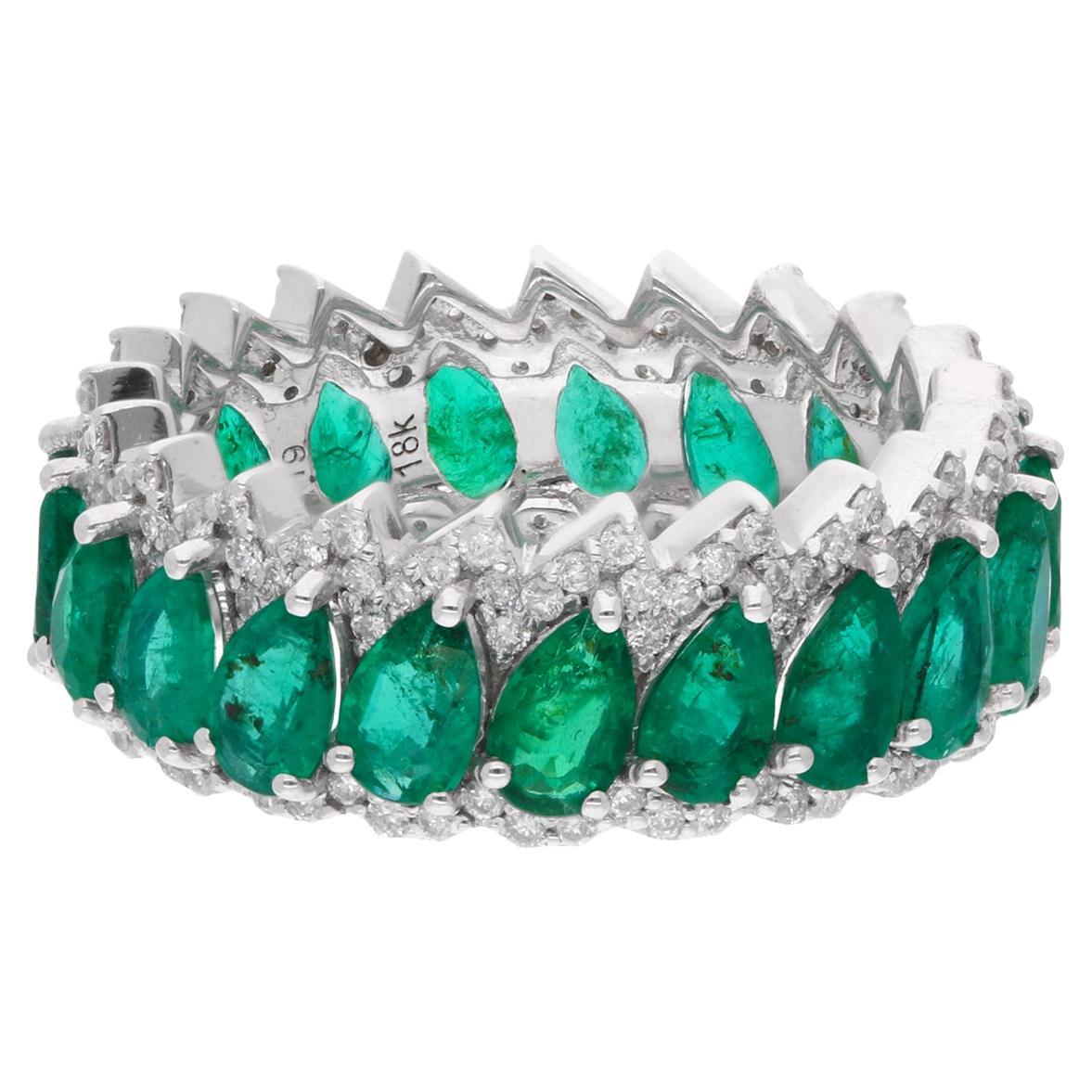 Pear Zambian Emerald Gemstone Band Ring Diamond 18 Karat White Gold Fine Jewelry