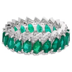 Pear Zambian Emerald Gemstone Band Ring Diamond 18 Karat White Gold Fine Jewelry
