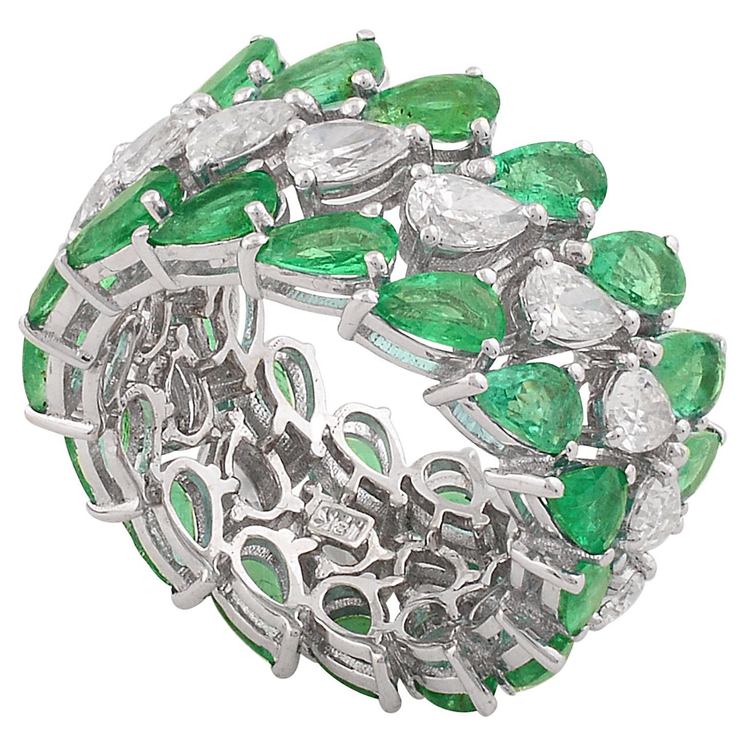 Pear Natural Emerald Gemstone Band Ring Diamond 18k White Gold Handmade Jewelry