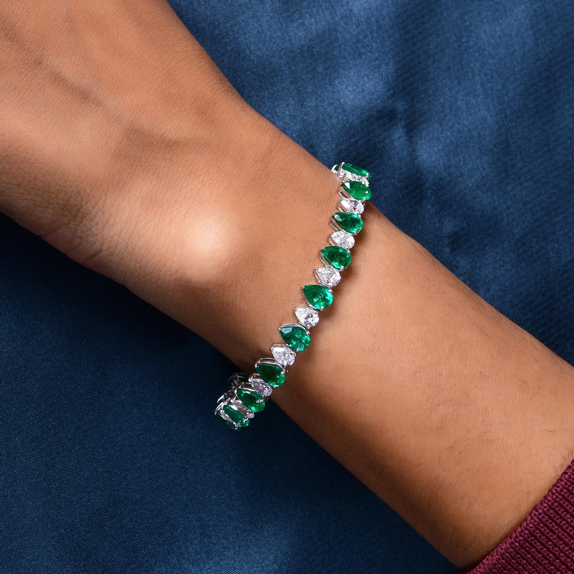 Women's Pear Zambian Emerald Gemstone Bracelet Diamond 14 Karat White Gold Fine Jewelry For Sale