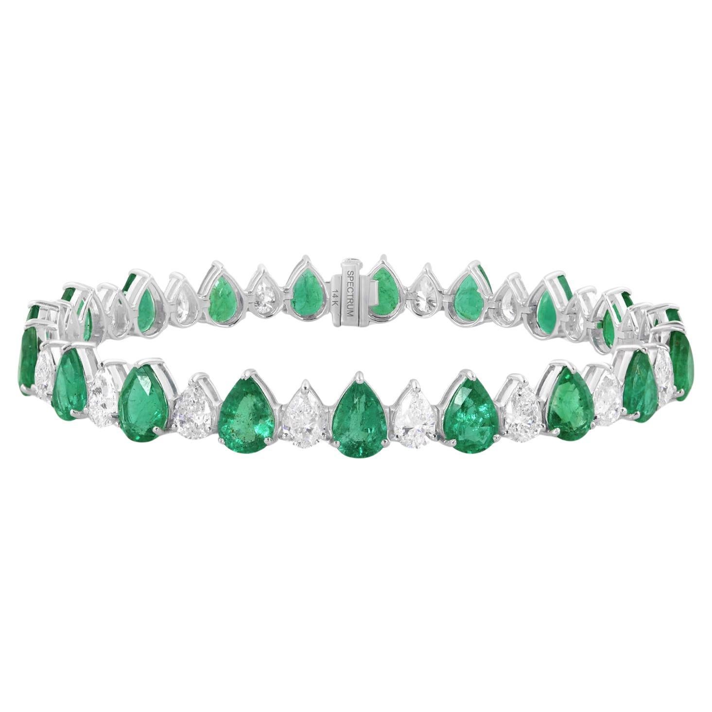 Bracelet de pierres précieuses, émeraudes de Zambie en forme de poire et diamants, en or blanc 14 carats