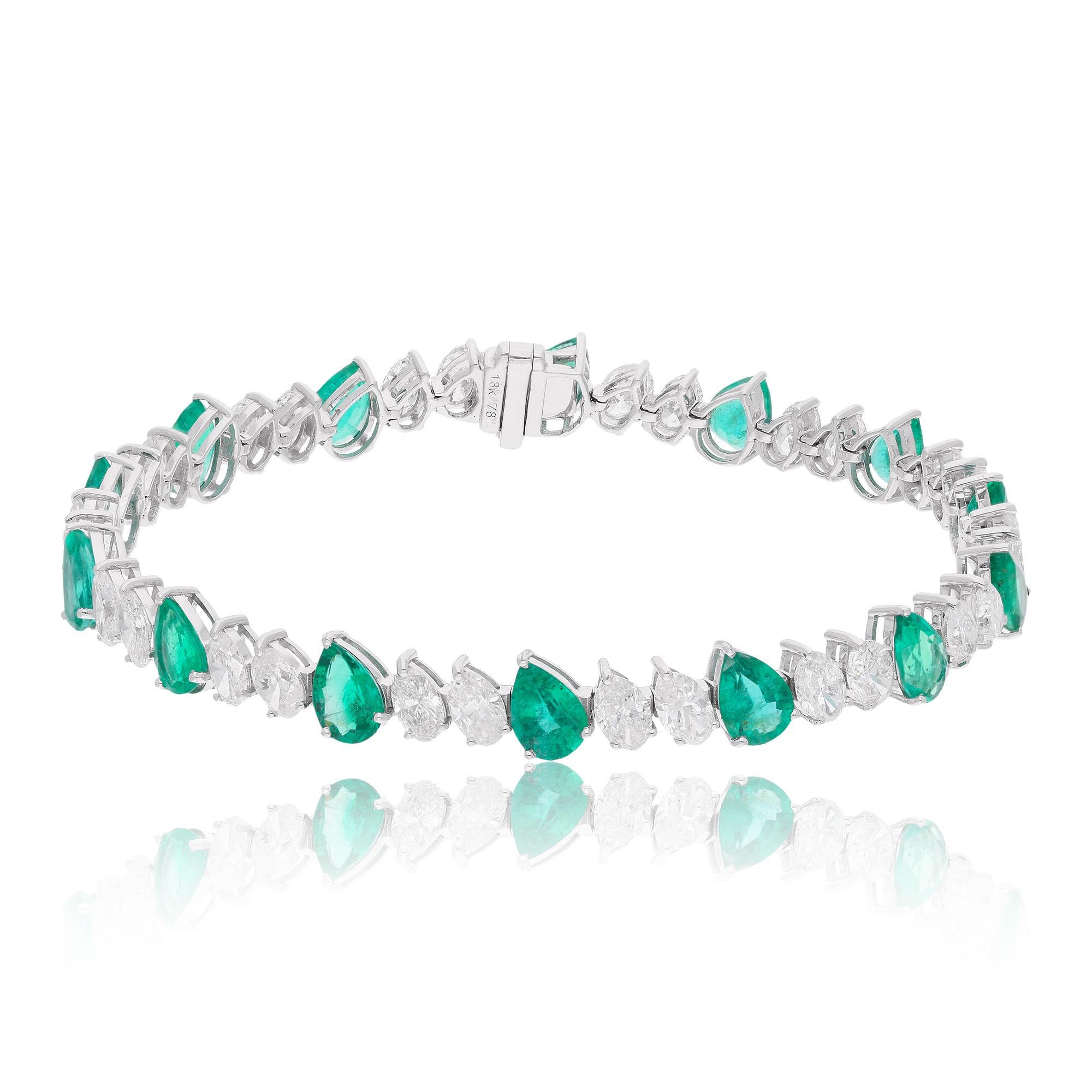 Moderne Bracelet de pierres précieuses Emeraude de Zambie poire Diamant ovale Bijoux en or blanc 18 carats en vente