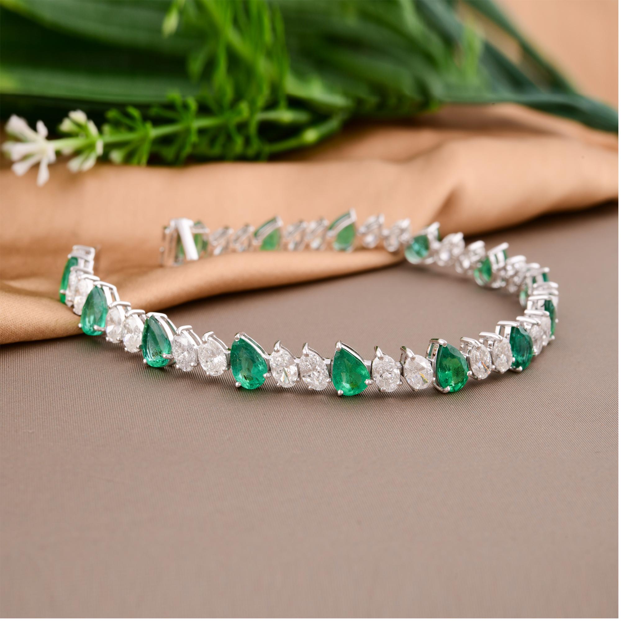 Women's Pear Zambian Emerald Gemstone Bracelet Oval Diamond 18 Karat White Gold Jewelry For Sale