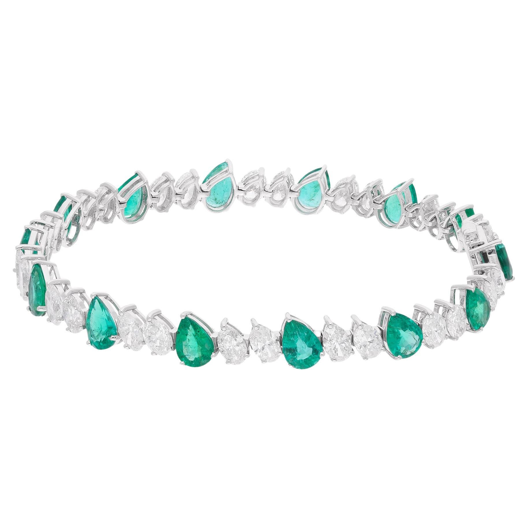 Pear Zambian Emerald Gemstone Bracelet Oval Diamond 18 Karat White Gold Jewelry