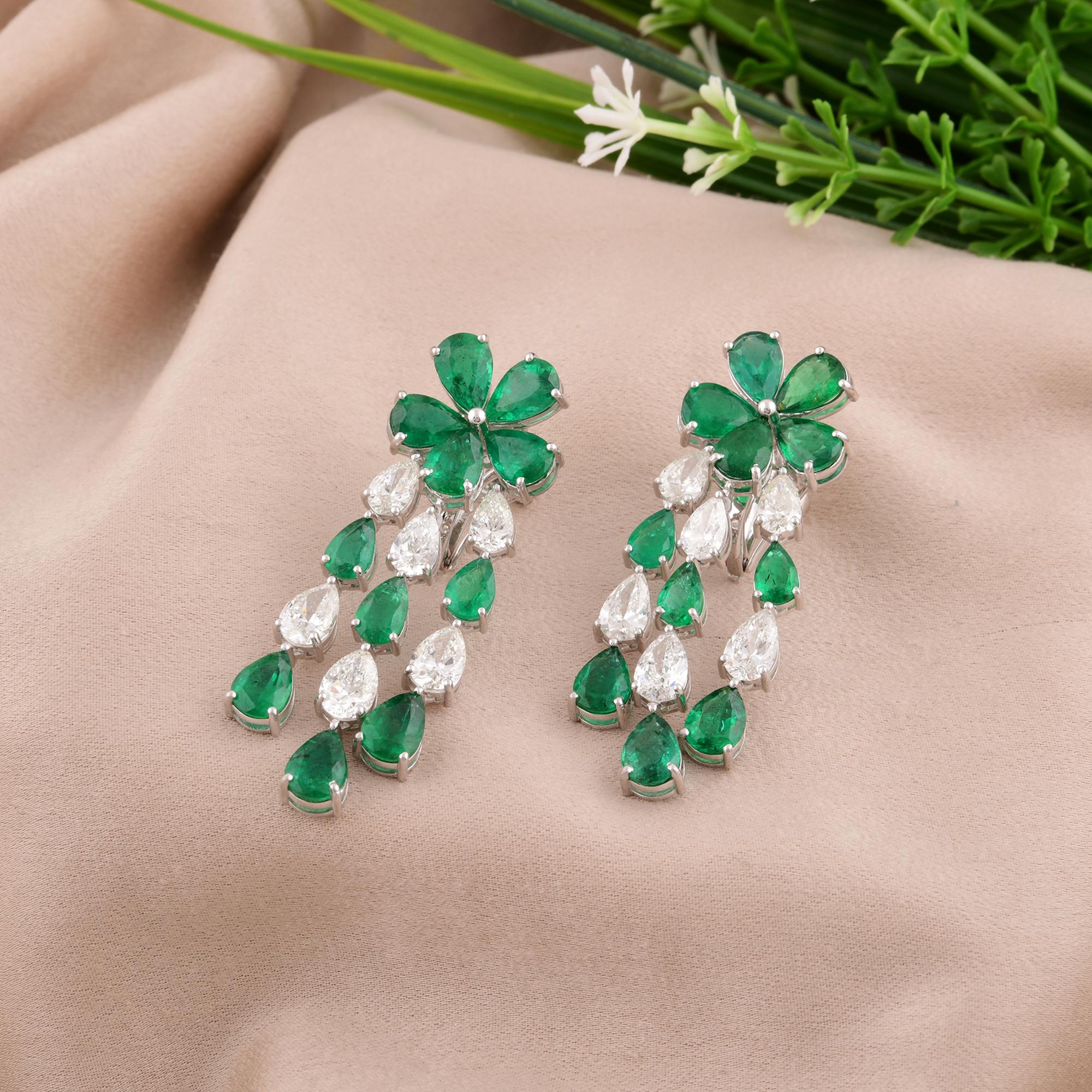 Modern Pear Zambian Emerald Gemstone Chandelier Earrings Diamond 14 Karat White Gold For Sale
