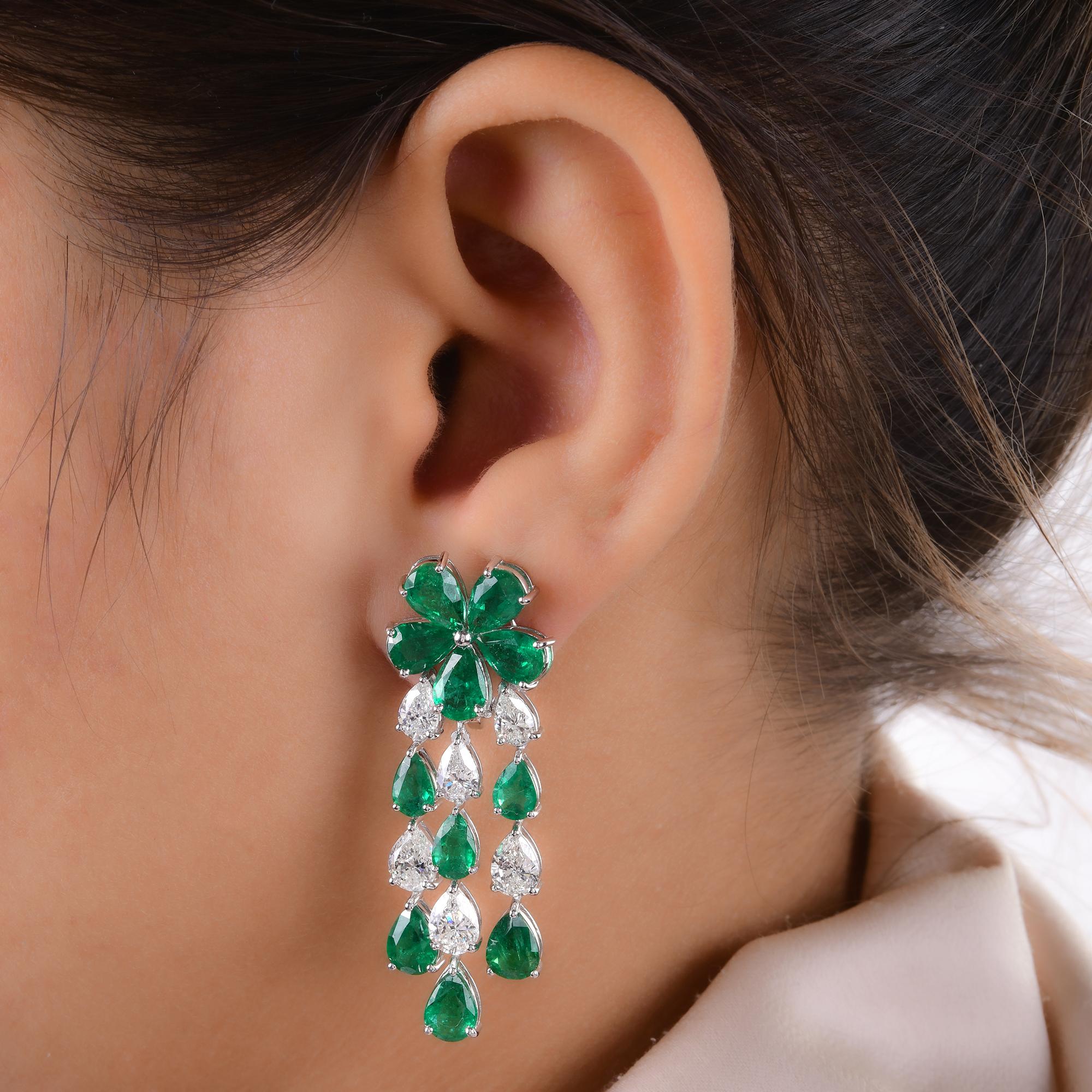 Pear Cut Pear Zambian Emerald Gemstone Chandelier Earrings Diamond 14 Karat White Gold For Sale