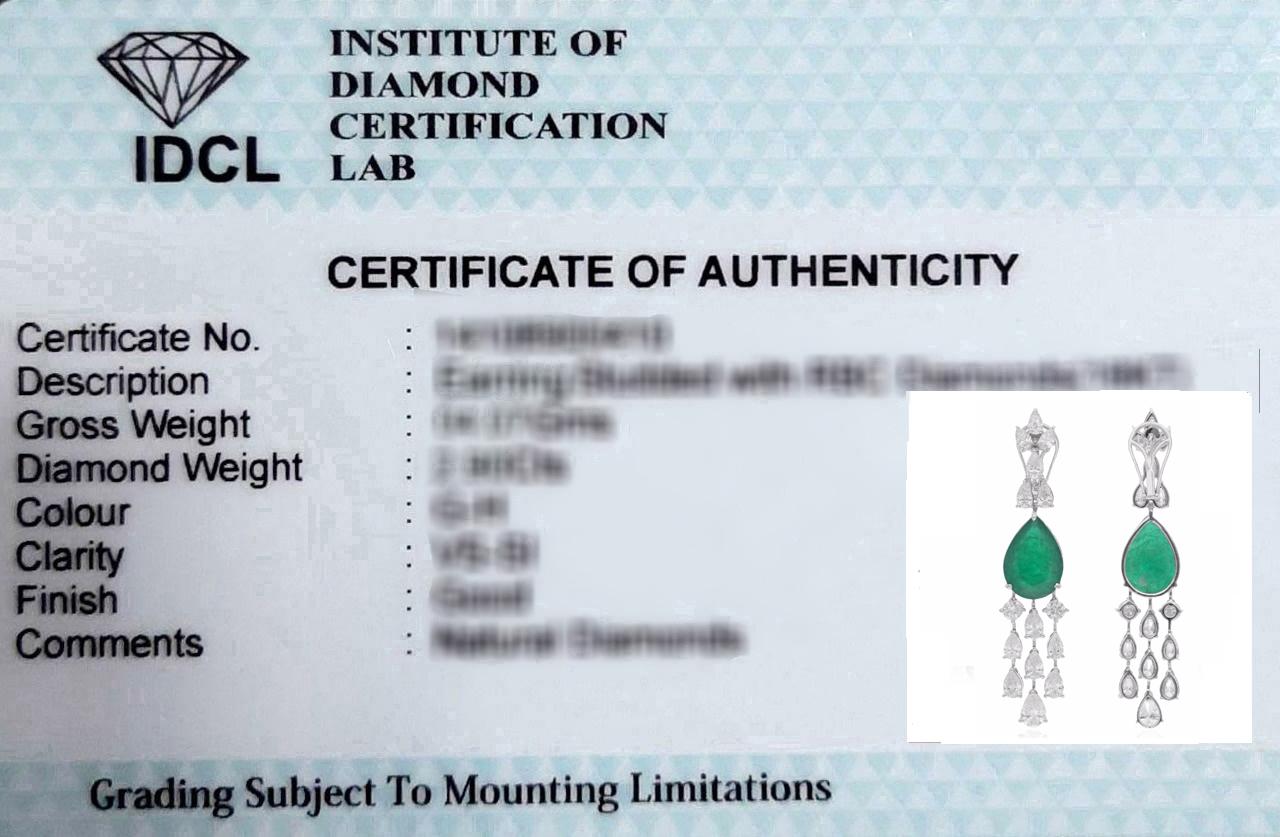 Women's Pear Zambian Emerald Gemstone Chandelier Earrings Diamond 14 Karat White Gold For Sale