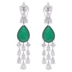 Pear Zambian Emerald Gemstone Chandelier Earrings Diamond 14 Karat White Gold