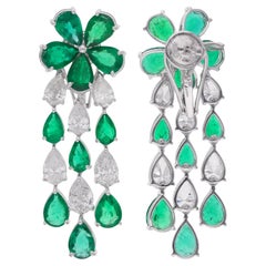 Pendientes Araña Esmeralda Pera de Zambia Diamante Oro Blanco 14 Kilates