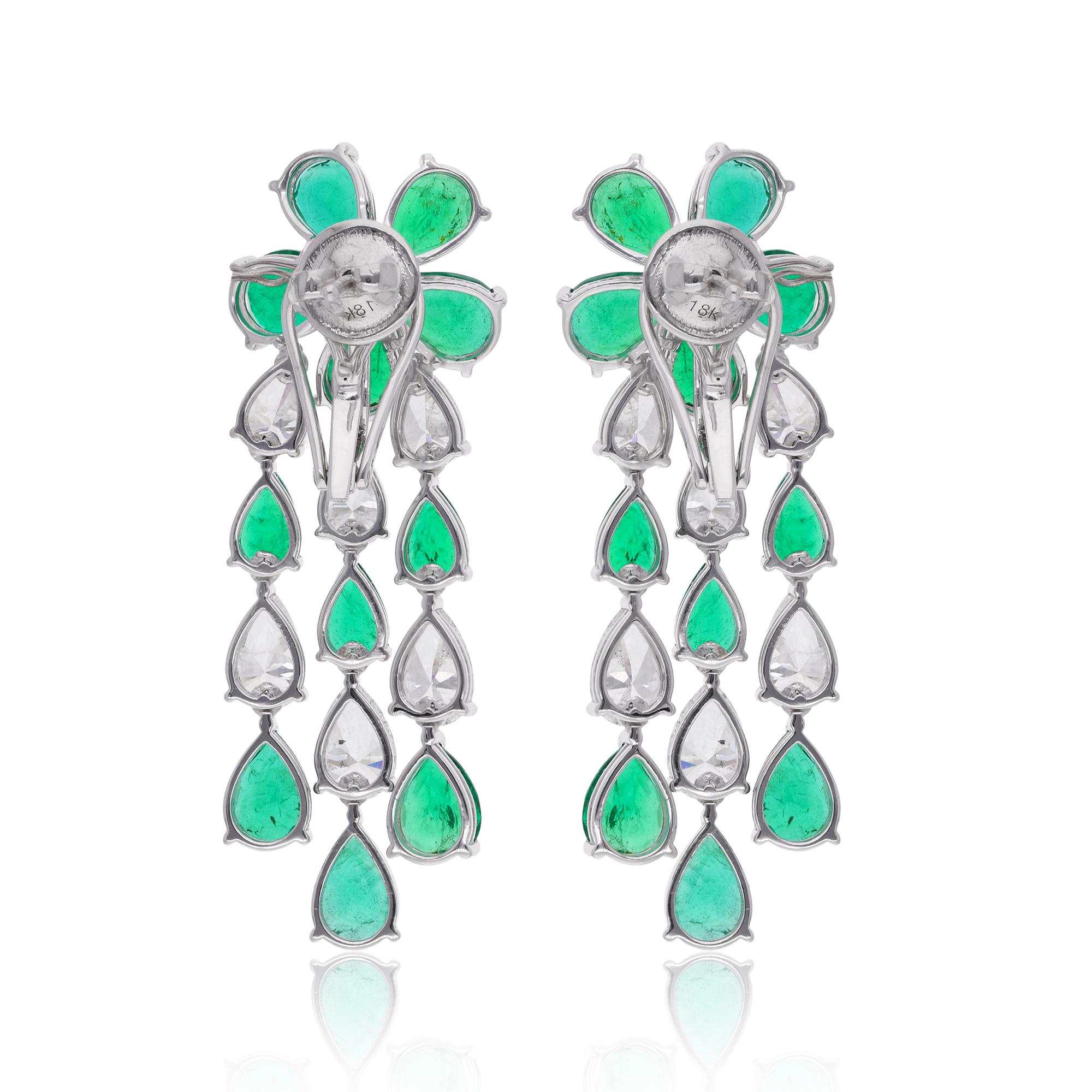 Women's Pear Zambian Emerald Gemstone Chandelier Earrings Diamond 18 Karat White Gold For Sale