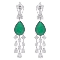 Pear Zambian Emerald Gemstone Chandelier Earrings Diamond 18 Karat White Gold