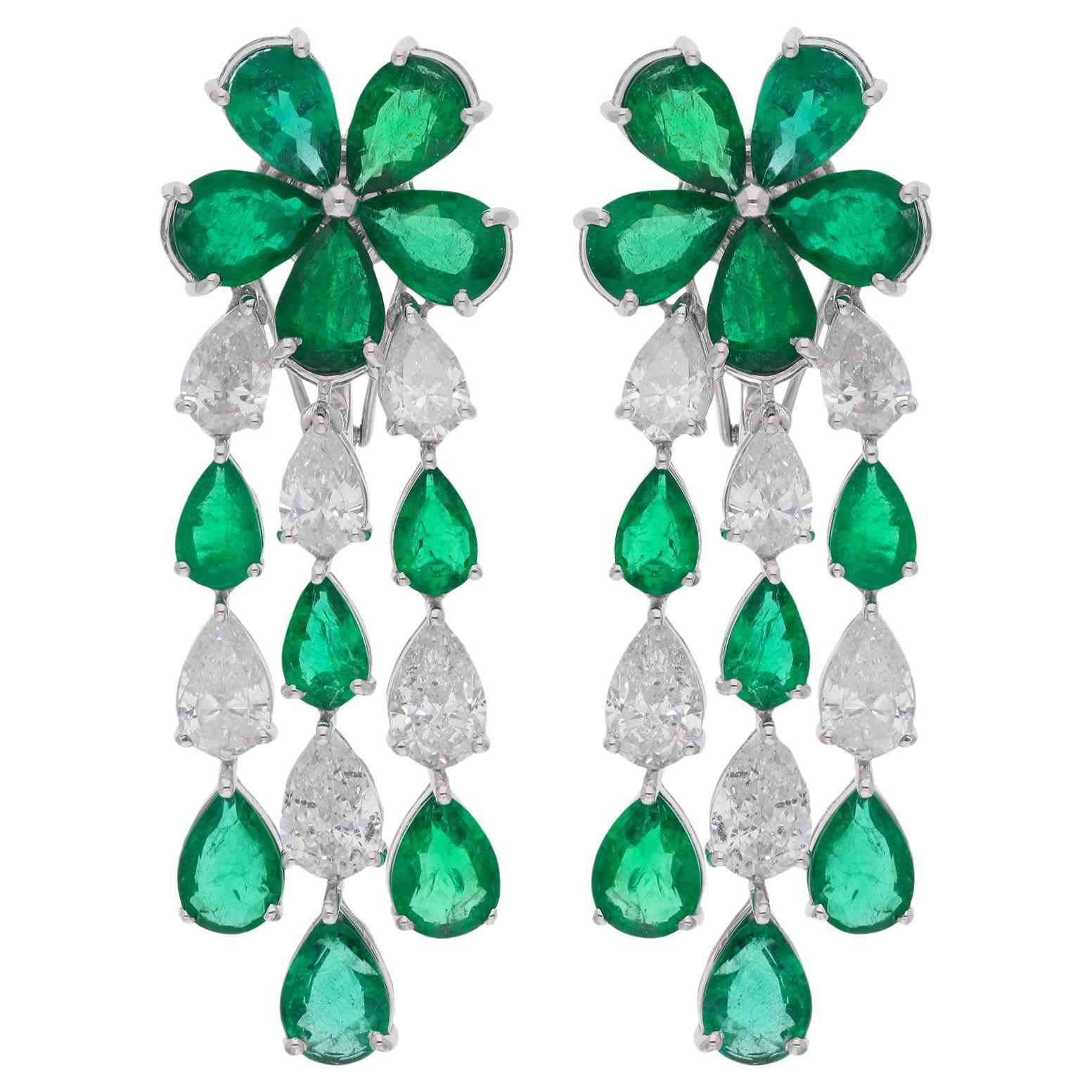 Pear Zambian Emerald Gemstone Chandelier Earrings Diamond 18 Karat White Gold For Sale