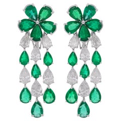 Pear Zambian Emerald Gemstone Chandelier Earrings Diamond 18 Karat White Gold