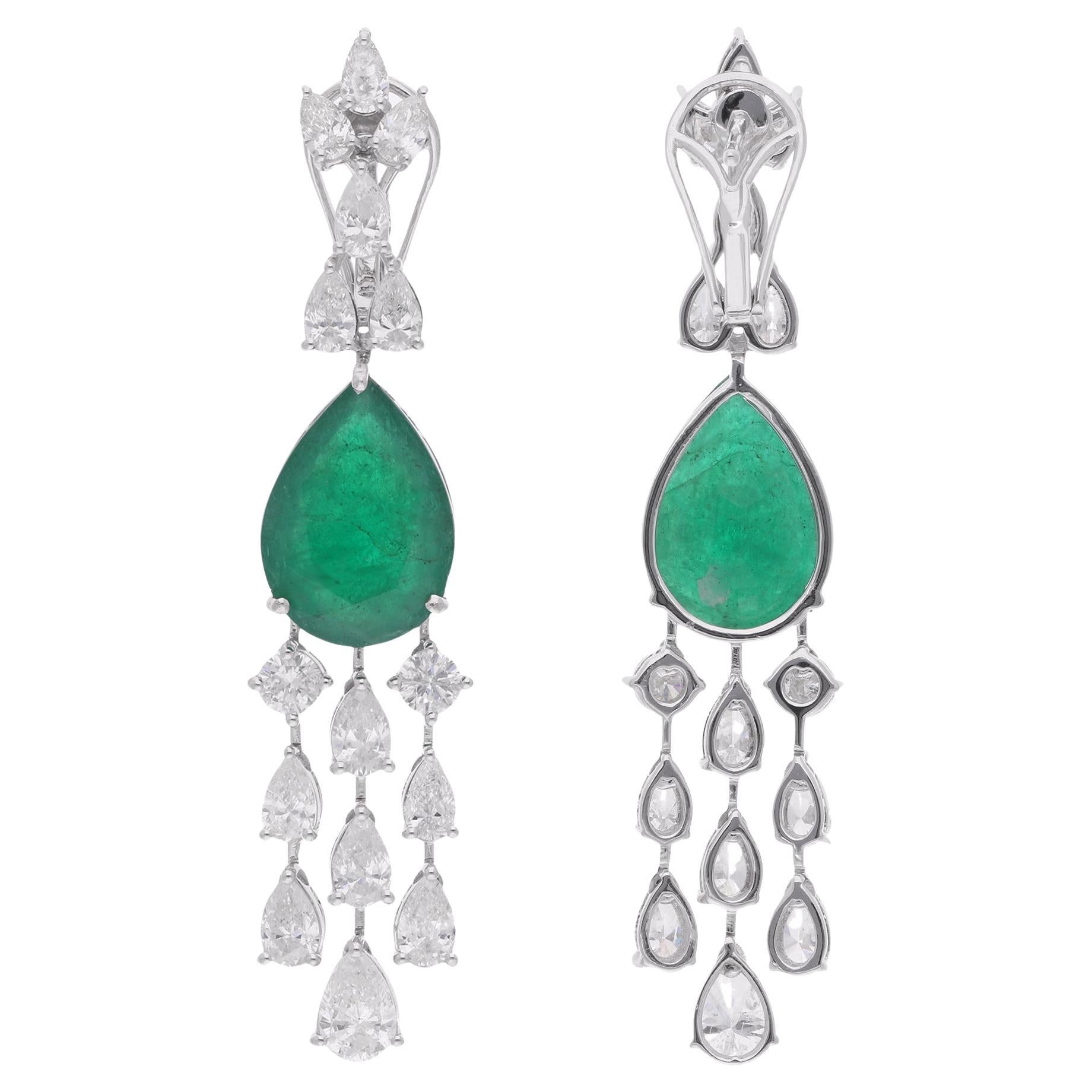 Pear Zambian Emerald Gemstone Chandelier Earrings Diamond 18 Karat White Gold