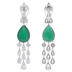 Pear Zambian Emerald Gemstone Chandelier Earrings Diamond 18 Karat White Gold