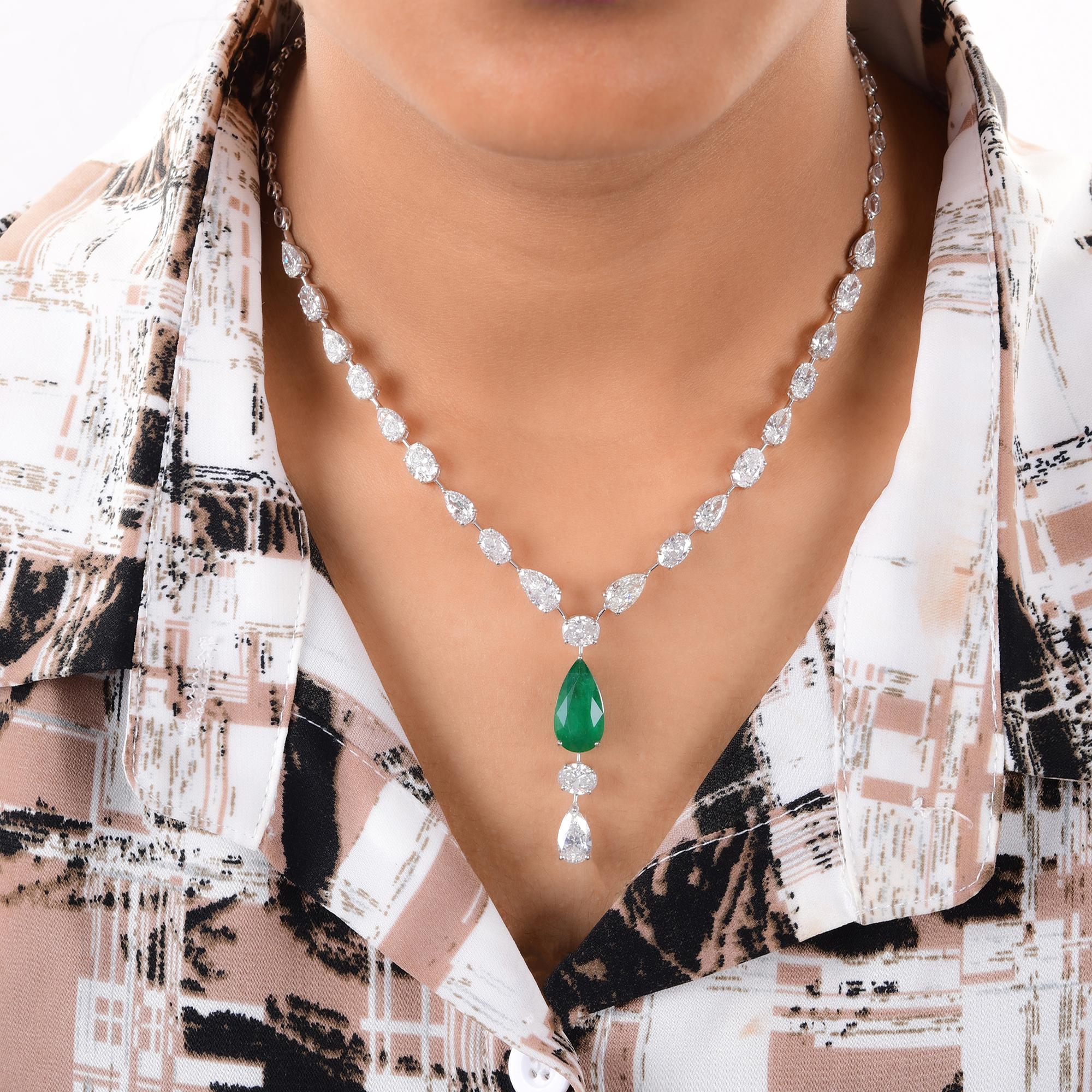 Modern Pear Zambian Emerald Gemstone Charm Necklace Diamond 14 Karat White Gold Jewelry For Sale