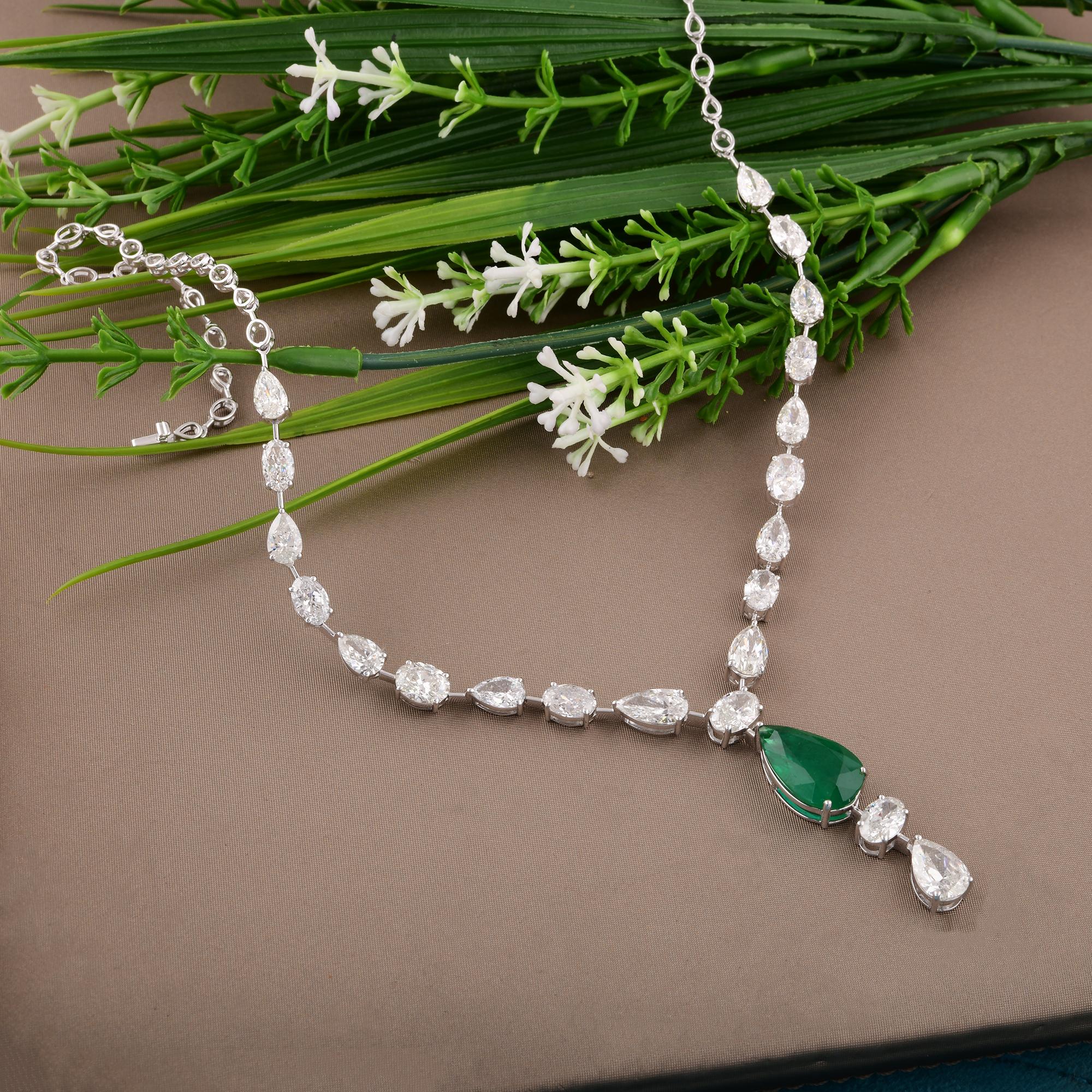 Pear Cut Pear Zambian Emerald Gemstone Charm Necklace Diamond 14 Karat White Gold Jewelry For Sale