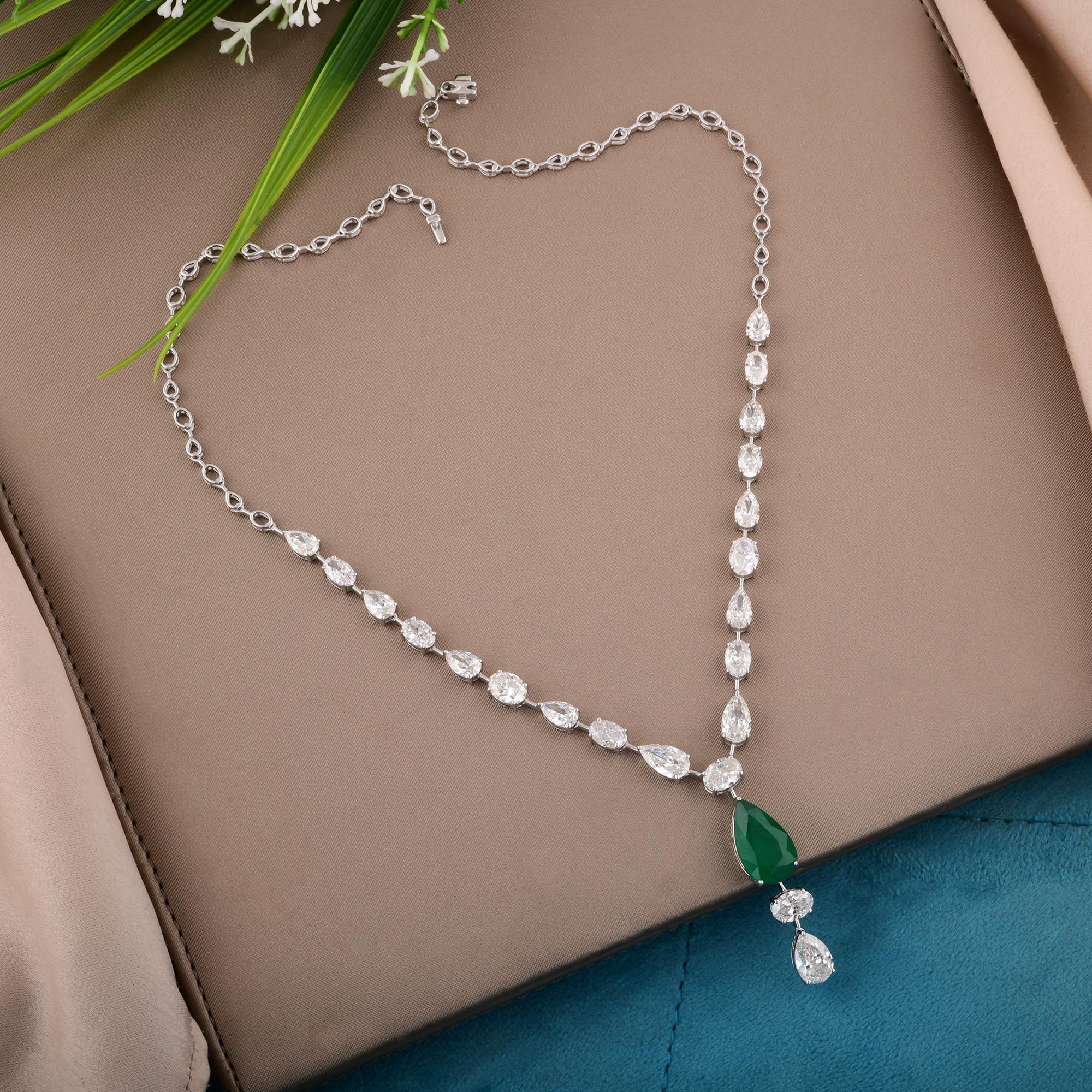 Women's Pear Zambian Emerald Gemstone Charm Necklace Diamond 14 Karat White Gold Jewelry For Sale