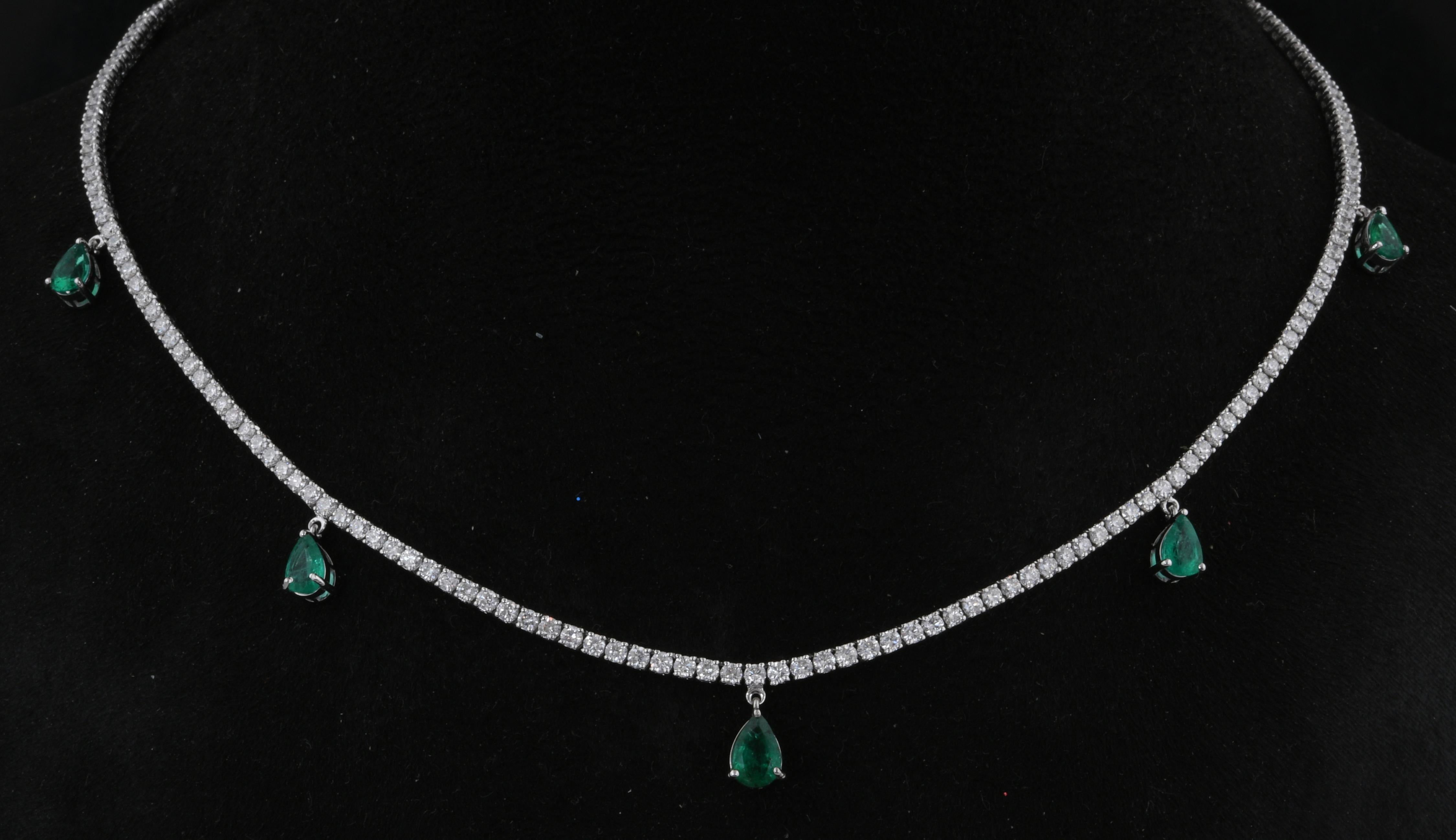 Women's Pear Zambian Emerald Gemstone Charm Necklace Diamond 14 Karat White Gold Jewelry For Sale