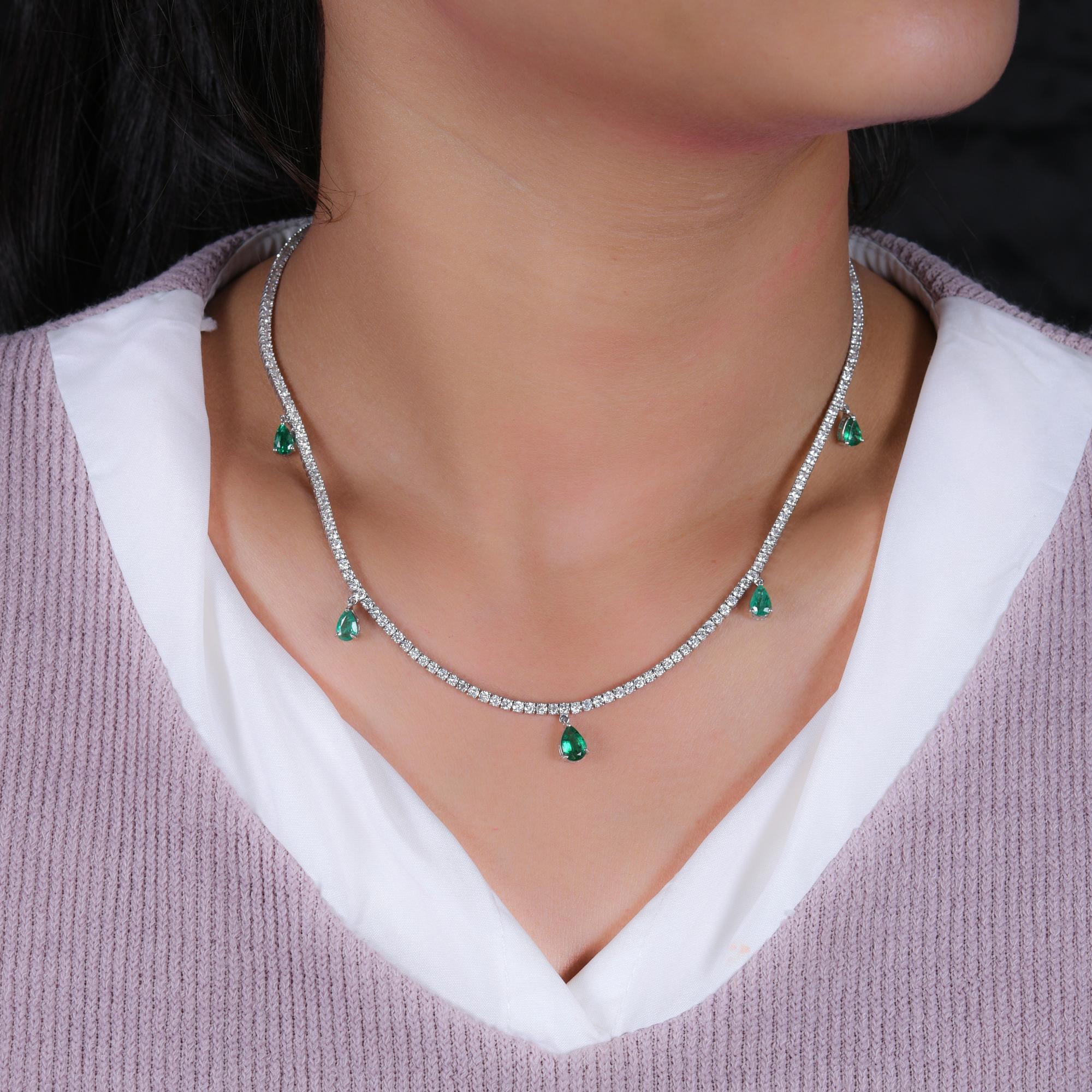 Modern Pear Zambian Emerald Gemstone Charm Necklace Diamond 18 Karat White Gold Jewelry For Sale